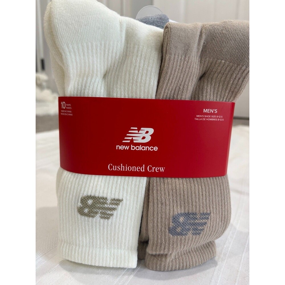 New Balance Men's Cushioned Crew Socks 10 Pairs Size 8-12.5 White Gray Beige NWT